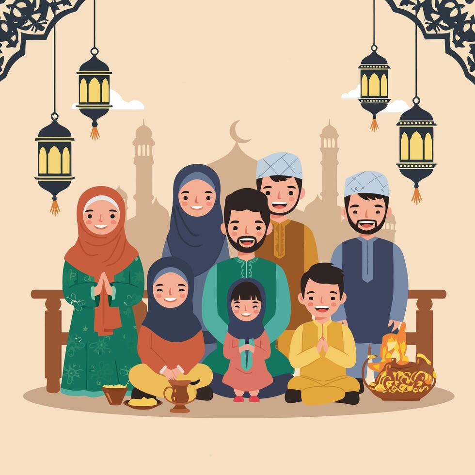 Celebrating Family Togetherness a Joyful Gathering with Lanterns and Mosque vector