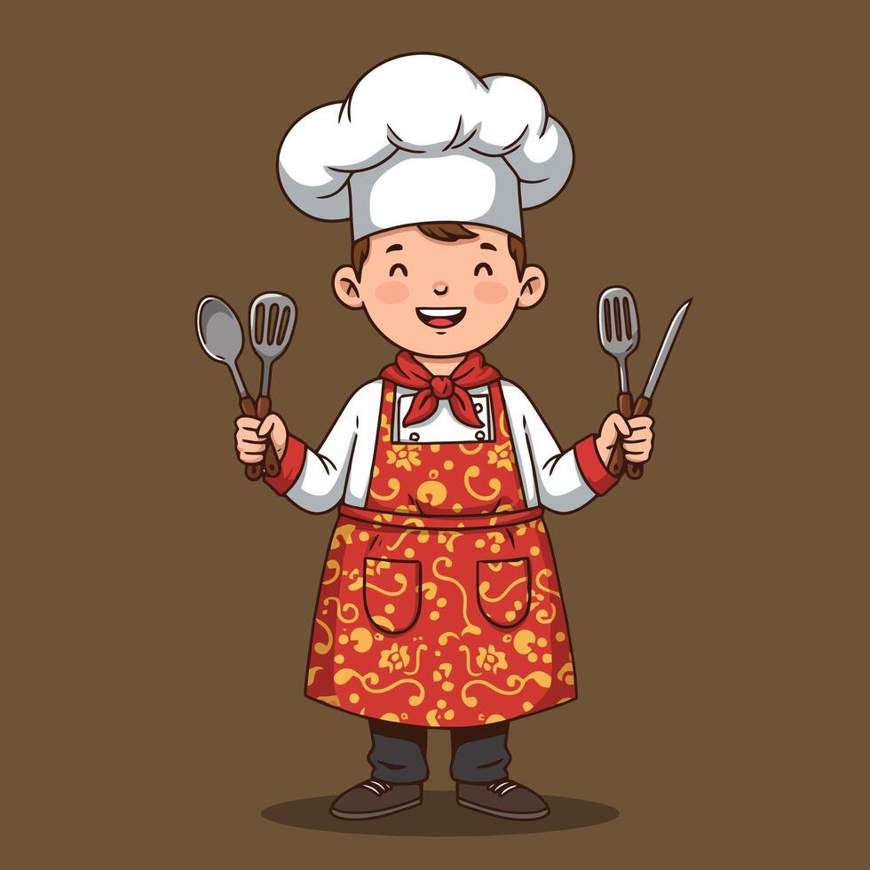 Smiling Young Chef Holding Utensils Ready to Cook Delicious Food vector