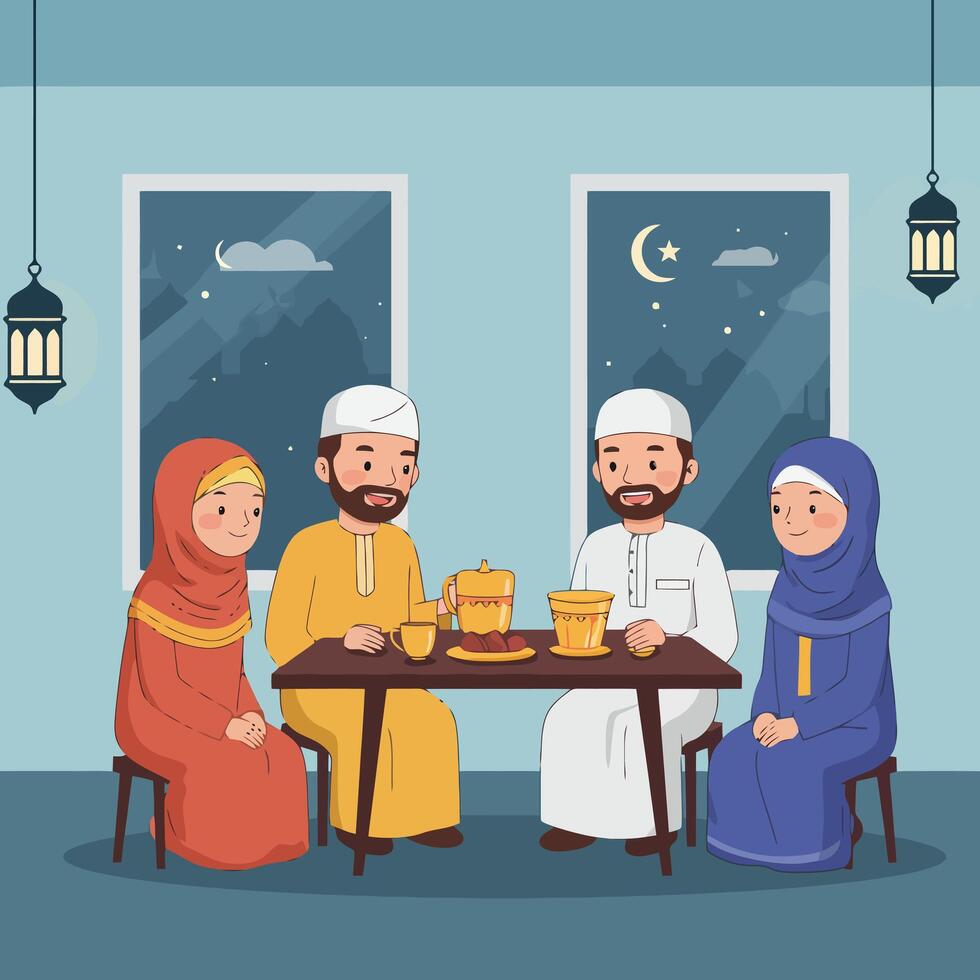 Family Gathering Enjoying Evening Meal During Ramadan Illustration vector