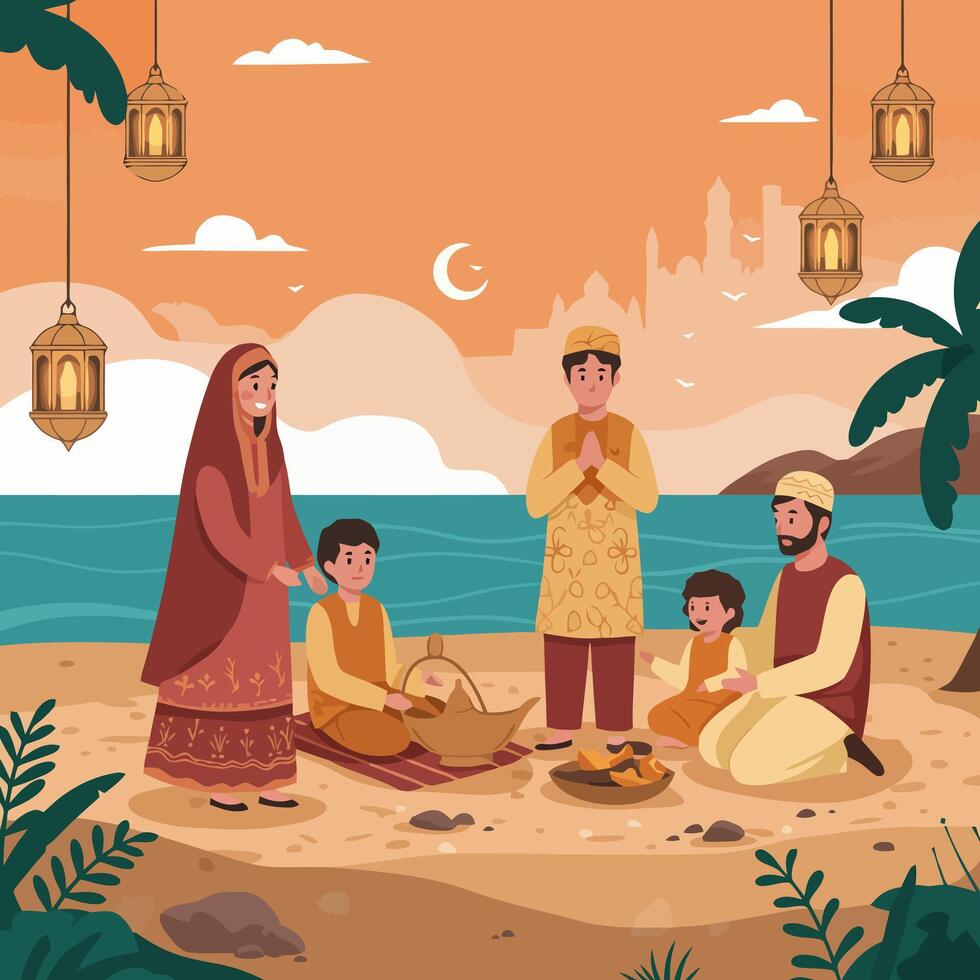 Family Celebrating on Beach with Lanterns and City Silhouette vector