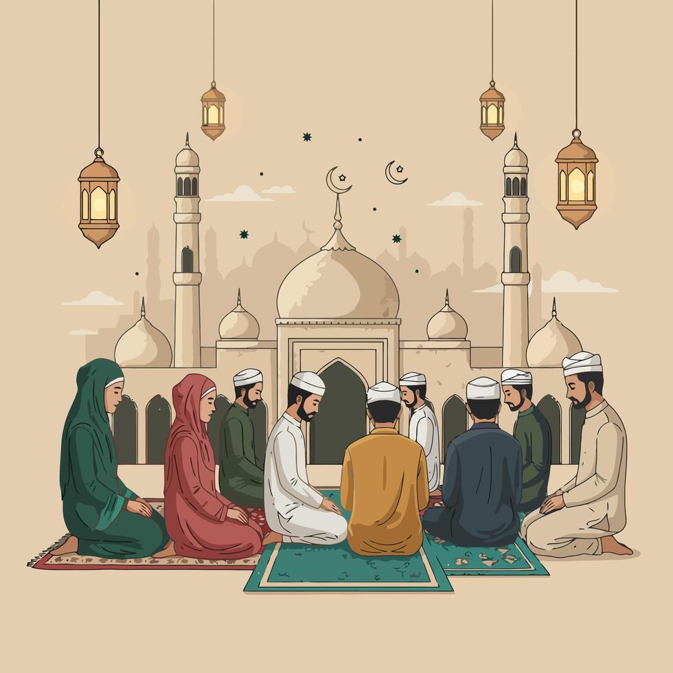 People Praying at Mosque During Religious Celebration in Graphic Illustration vector