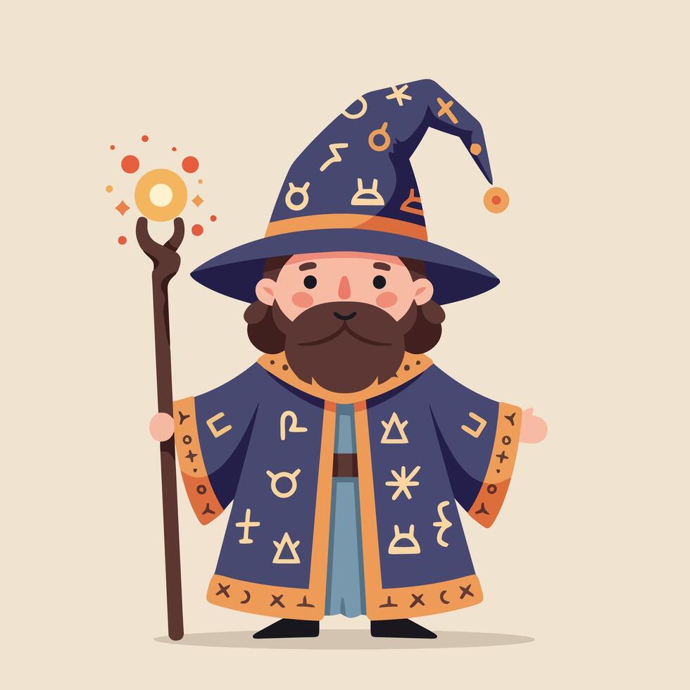Cartoon Wizard Character Holding Staff Wearing Robe and Pointed Hat vector