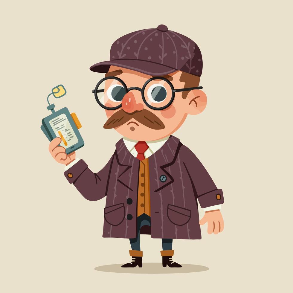 Cartoon Man Holding Device Wearing Detective Outfit with Cap and Glasses vector