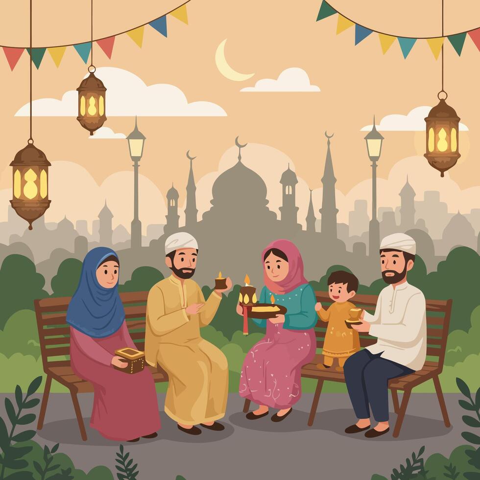 Family Celebrating Holiday with Candles and Lanterns in City Park vector