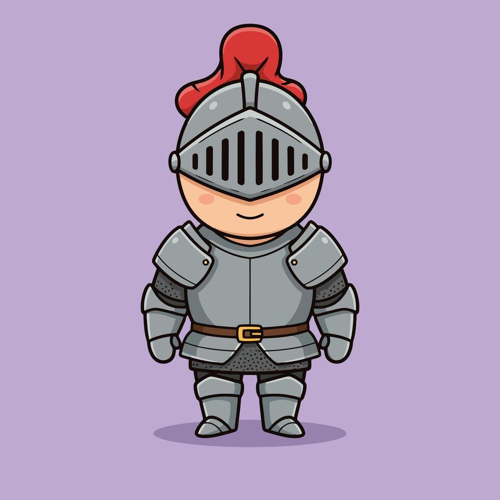 Cute Knight Character Standing in Armor Cartoon Style Illustration vector