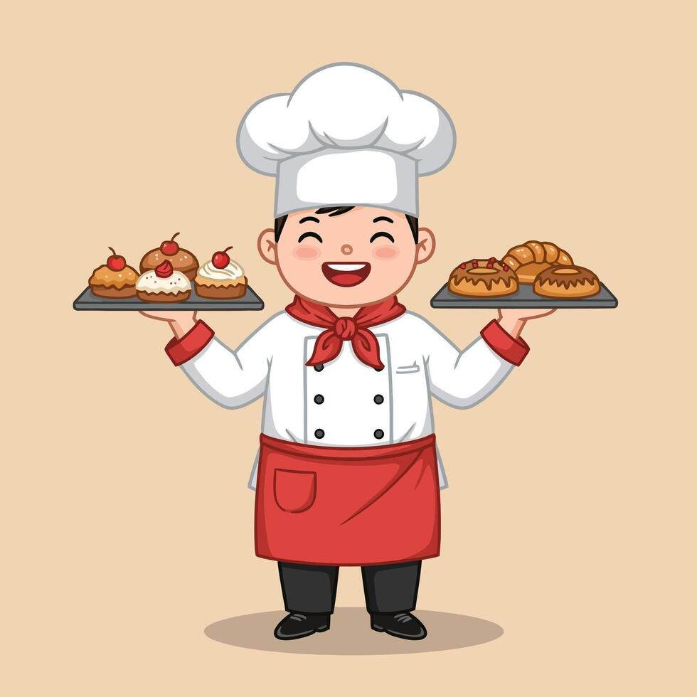 Cartoon Chef Carrying Pastries and Cupcakes on Trays Smiling vector