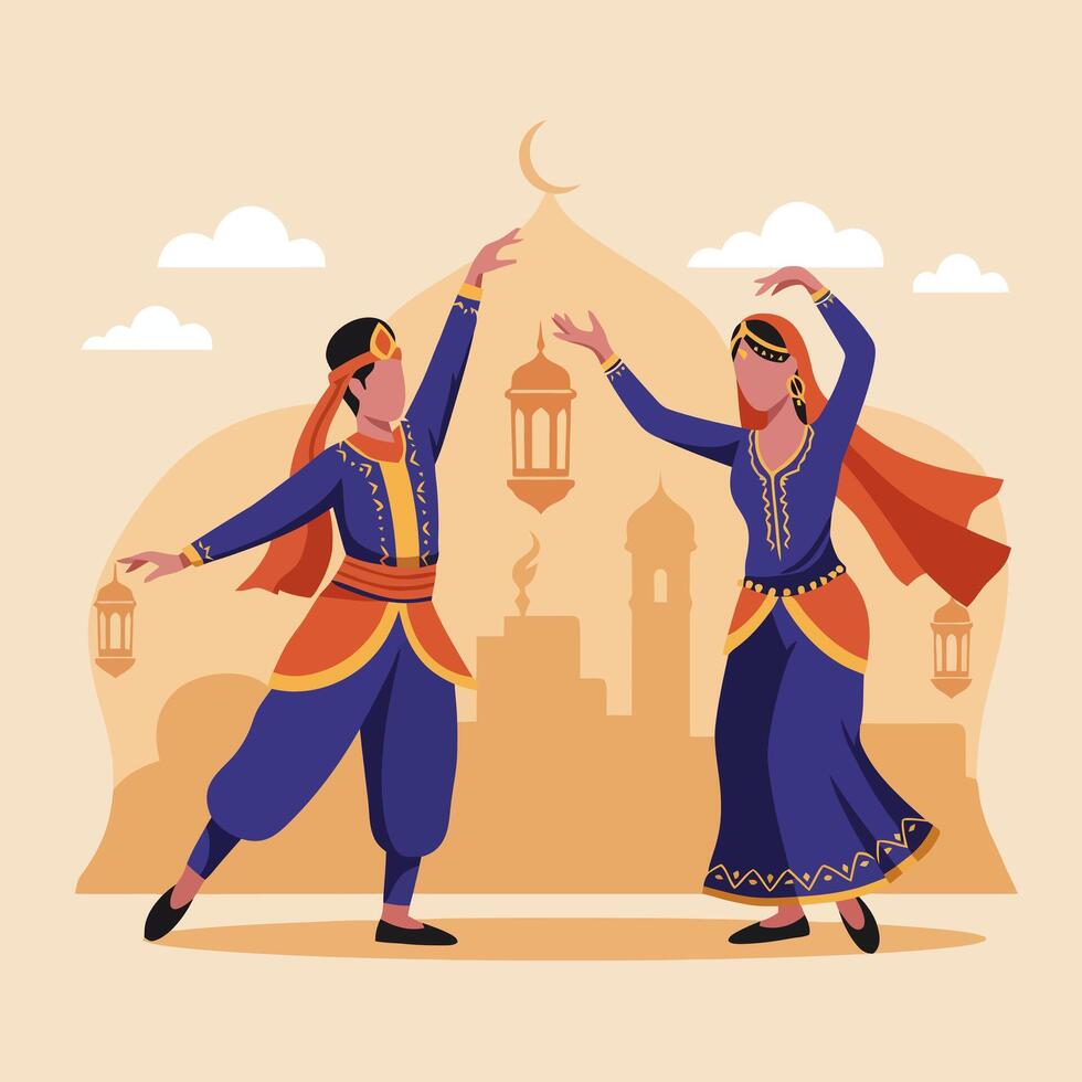 Couple Dancing in Traditional Clothing Against Middle Eastern Silhouette vector