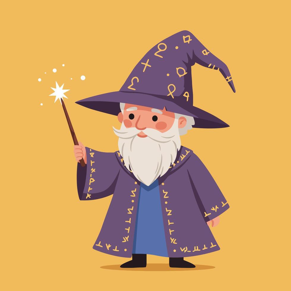 Cartoon Wizard Casting Spell with Wand Illustration on Yellow Background vector