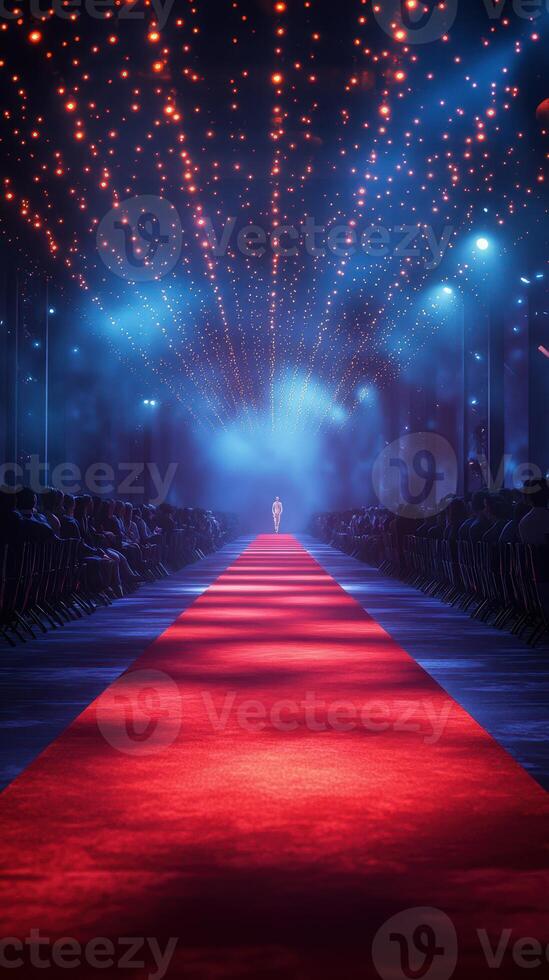 Brightly lit fashion runway showcasing a model walking under sparkling lights in a vibrant atmosphere during a glamorous event photo