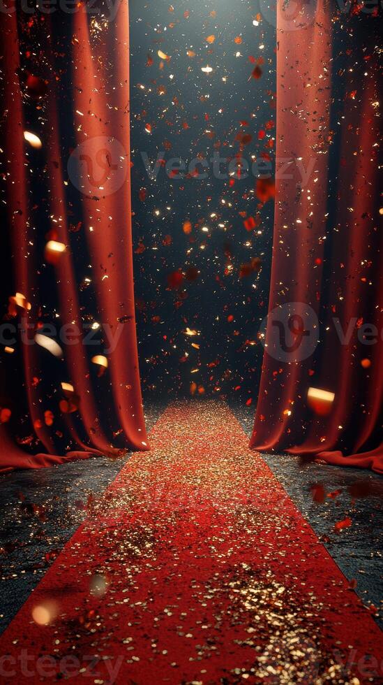 Glittering red carpet entrance adorned with rose petals and golden confetti in a festive ambience during an evening event photo