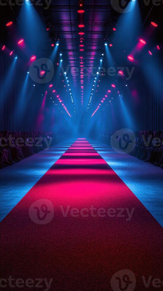 Bright runway illuminated with colorful lights in preparation for a fashion show at night in a modern venue photo