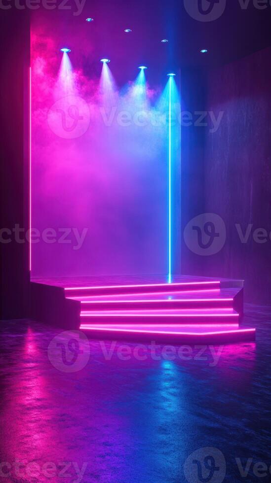 Bright neon lights illuminate a stage with fog effects in a modern performance space during evening hours photo