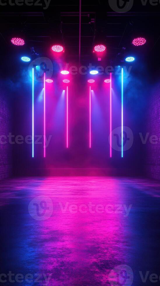 Colorful neon lights illuminate a dark venue creating an immersive atmosphere for events and performances photo