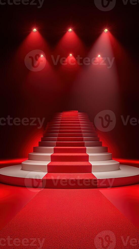 Stairs illuminated by red lights create a dramatic entrance for an event in a modern setting photo