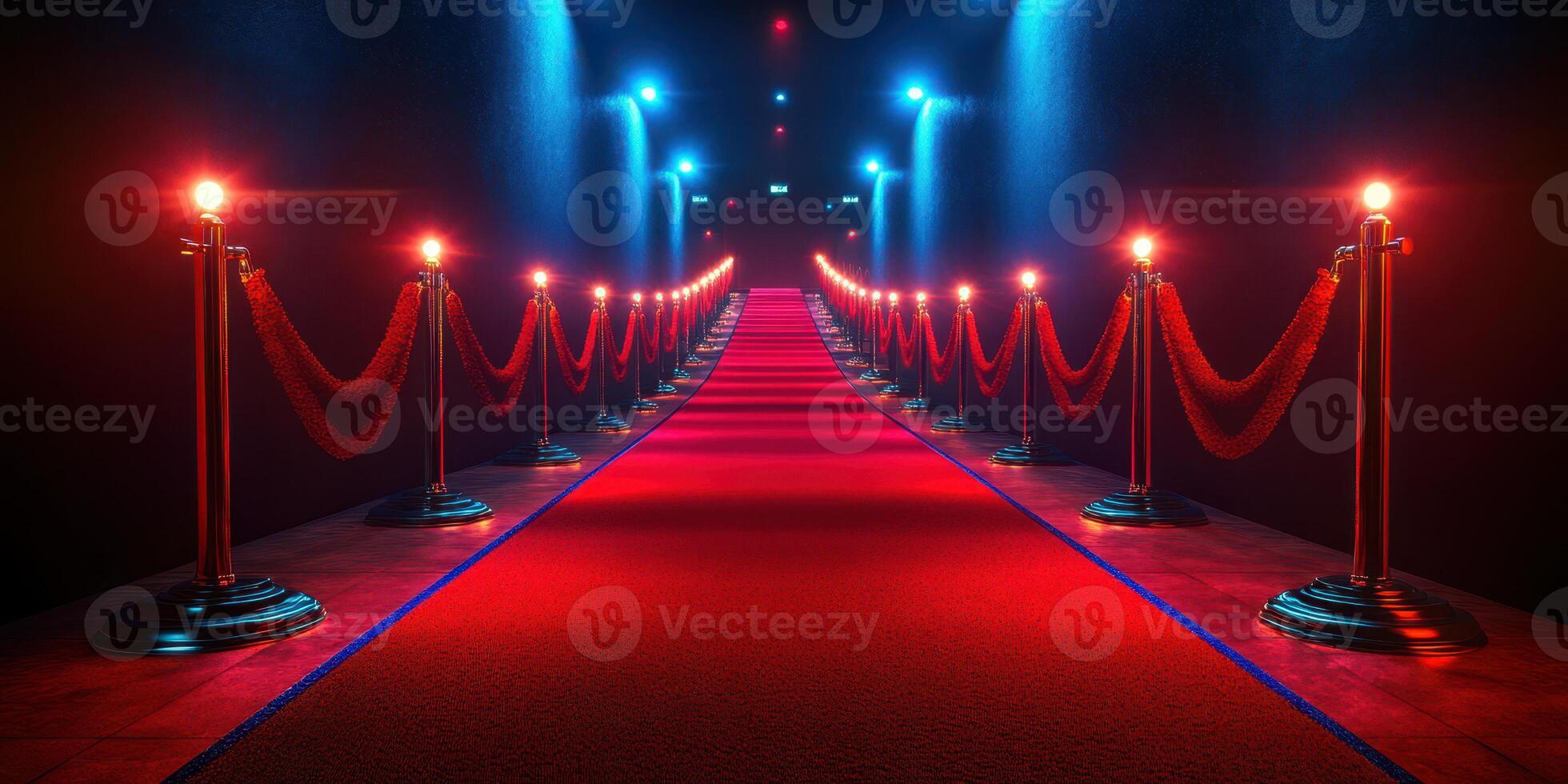 Walkway adorned with red carpet and lights creating a glamorous atmosphere for an event or awards ceremony photo