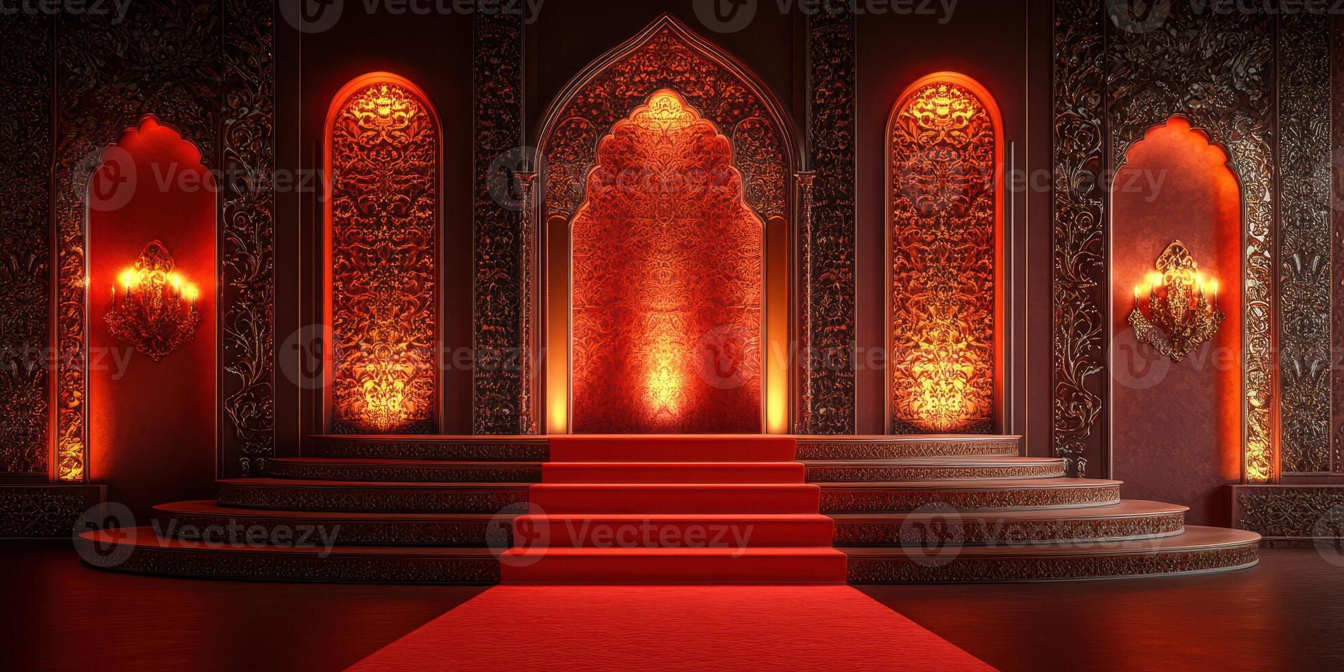 Luxurious indoor space with rich decorations and illuminated walls that create an elegant atmosphere for events photo