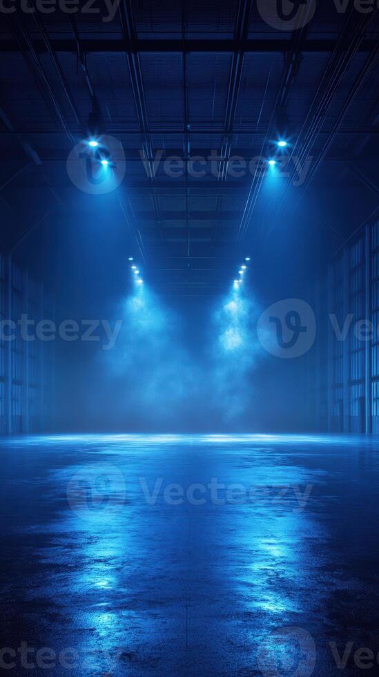 Mysterious blue lighting creates an atmospheric setting in a spacious industrial space during nighttime photo