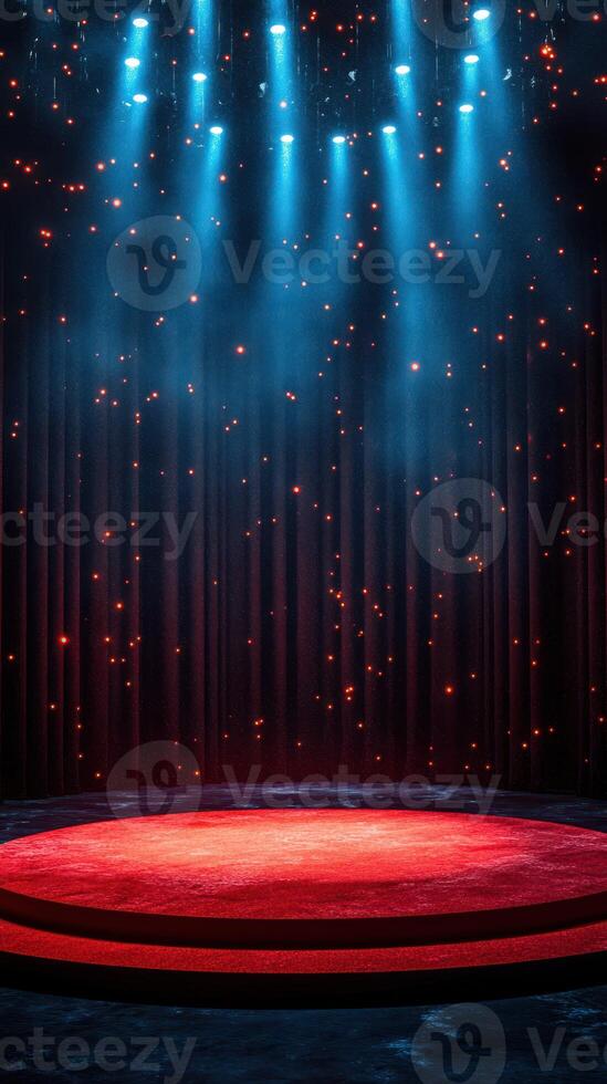 Brightly lit stage with red curtain and spotlights set for a performance at night photo