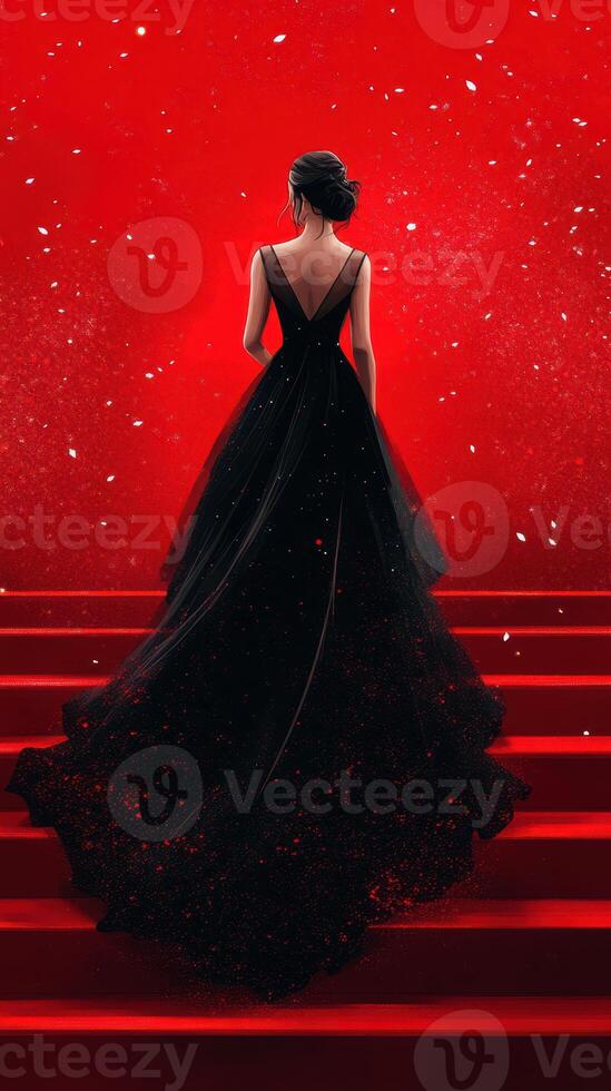Elegant woman in black gown standing on red stairs with a dramatic background of sparkling red photo