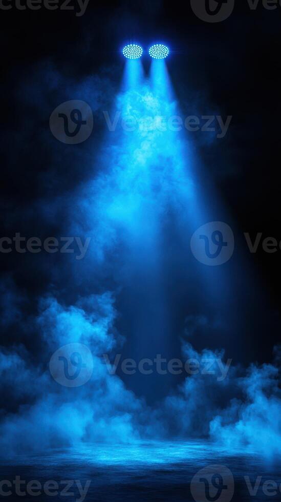 Light beams shining through fog create a mystical atmosphere in dark surroundings photo
