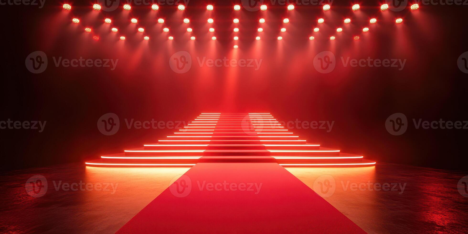 Red carpet runway illuminated by soft lighting in a dark venue during an evening event photo
