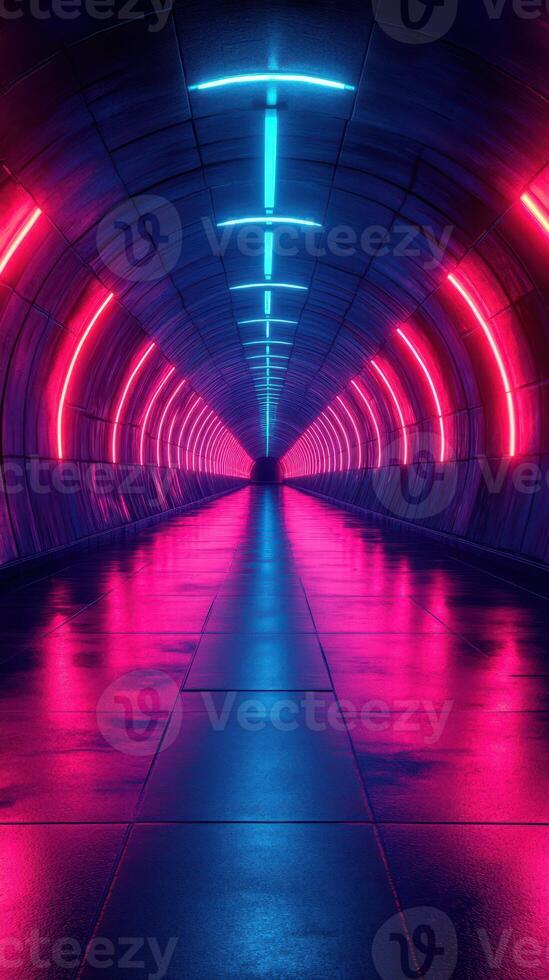 Brightly lit underground tunnel featuring neon lights and reflections on a wet surface during nighttime photo