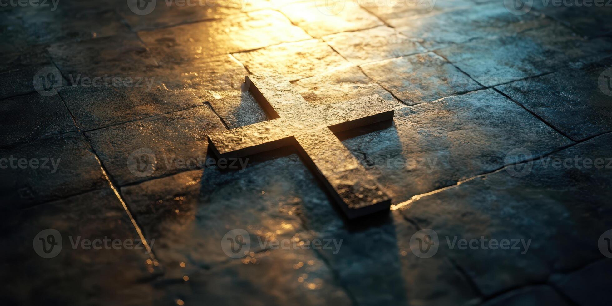 Cross illuminated on a stone floor at dusk, revealing texture and depth in dim light photo