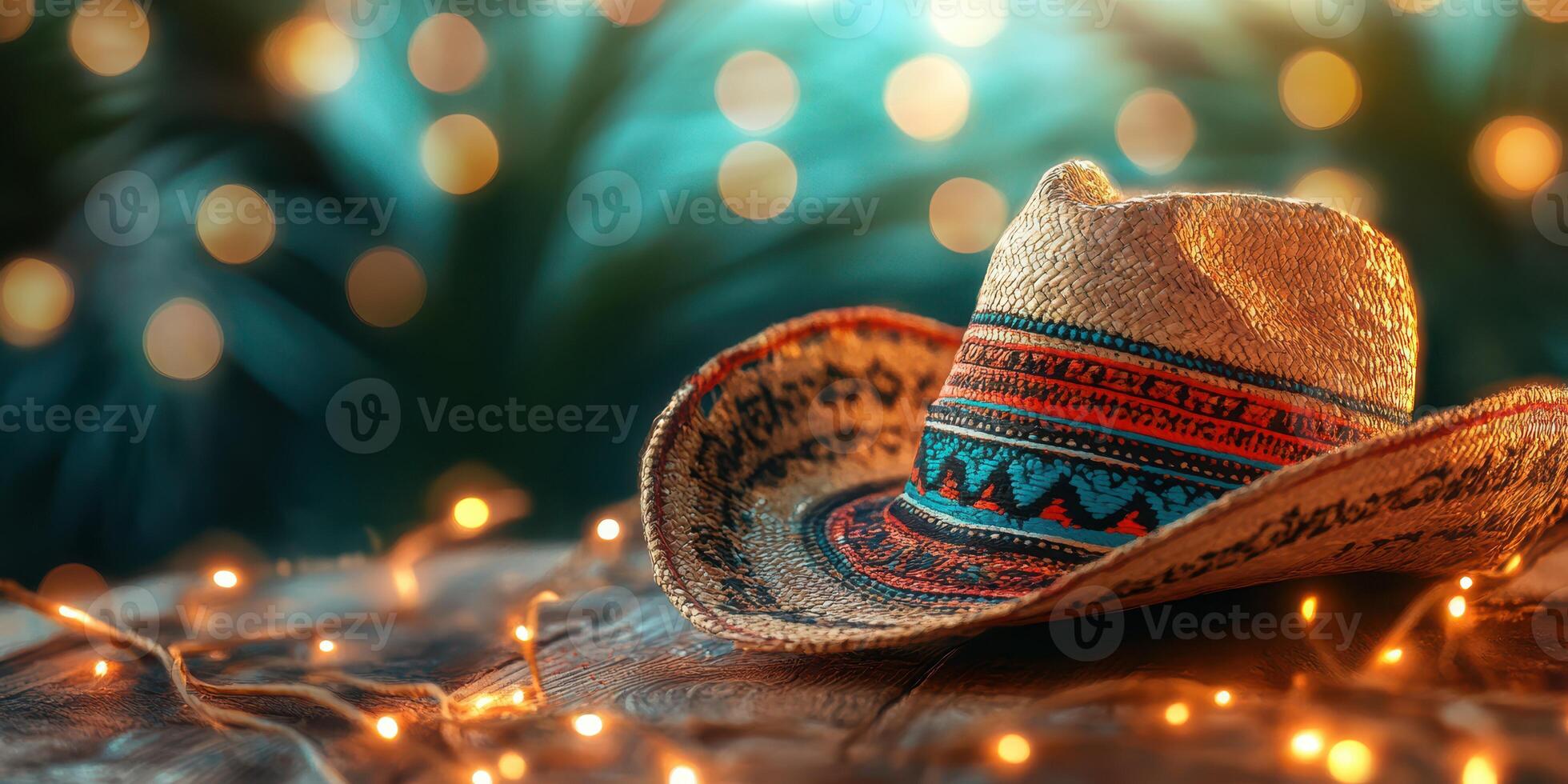Decorative straw hat rests on wooden surface with soft bokeh lights creating a festive ambiance photo