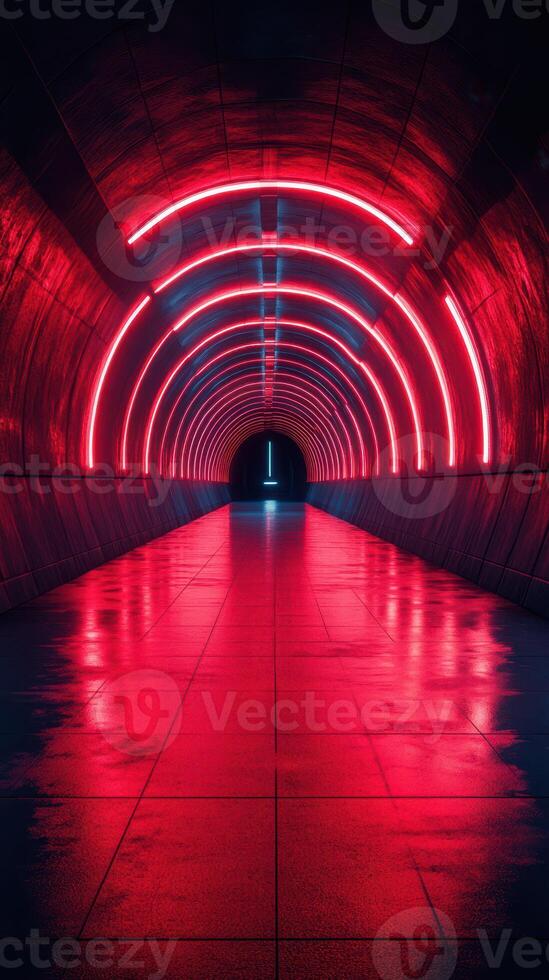 Bright red neon lights illuminate a modern tunnel in an urban setting at night photo