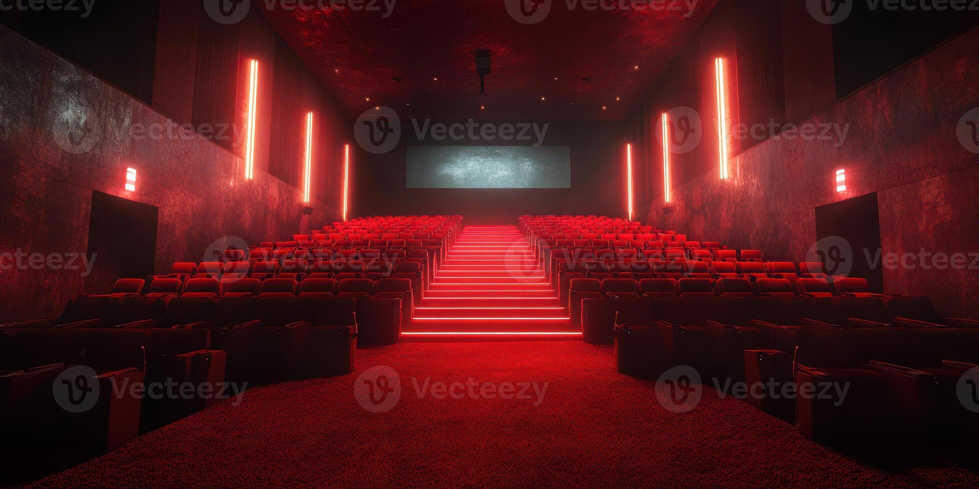 Modern theater interior with dramatic red lighting and plush seating inviting movie enthusiasts to enjoy a cinematic experience photo