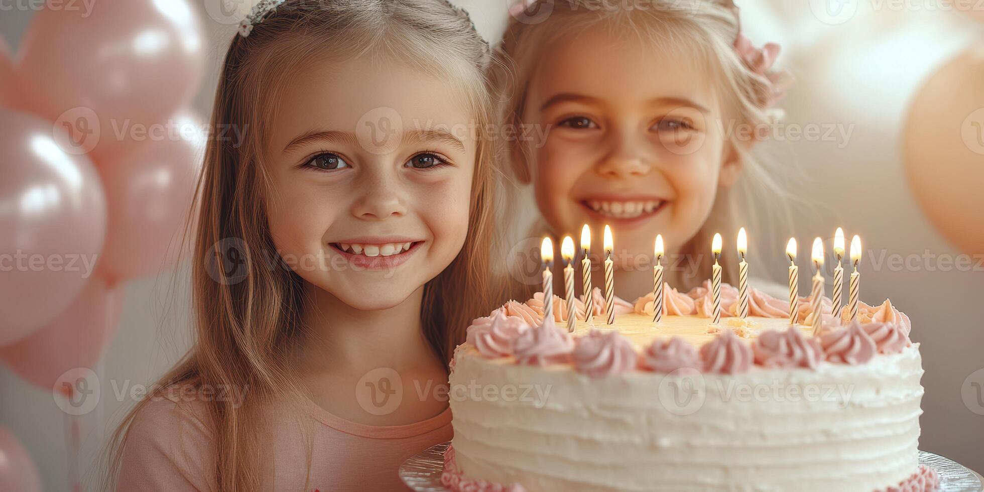Two smiling girls celebrate a birthday with a beautiful cake and glowing candles in a festive atmosphere filled with balloons photo