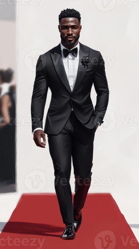 Man walks confidently down the red carpet wearing a tuxedo at a formal event in the evening photo