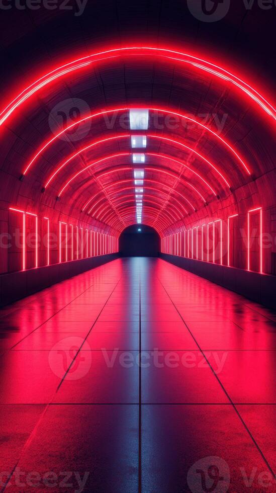 Vibrant red neon-lit underground tunnel creating an immersive atmosphere at night photo