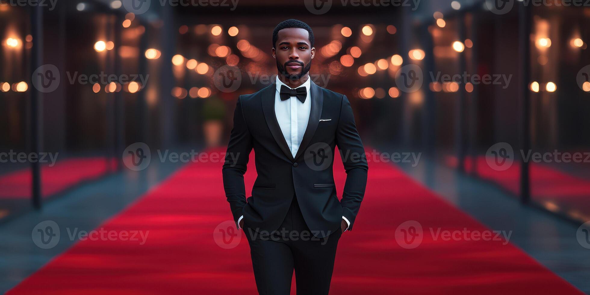 Elegant man in formal attire walks confidently on a red carpet at an evening event with soft lighting and atmosphere photo
