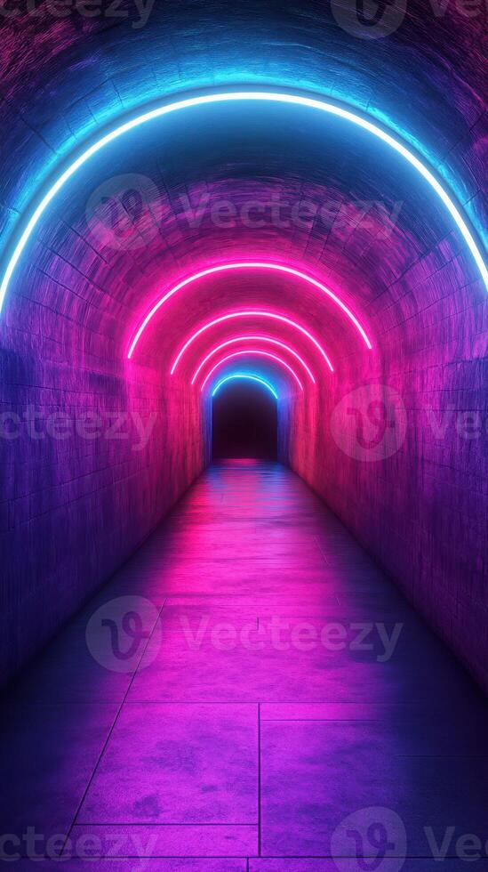 Colorful neon lights illuminate a long tunnel creating a vibrant and modern atmosphere at night photo