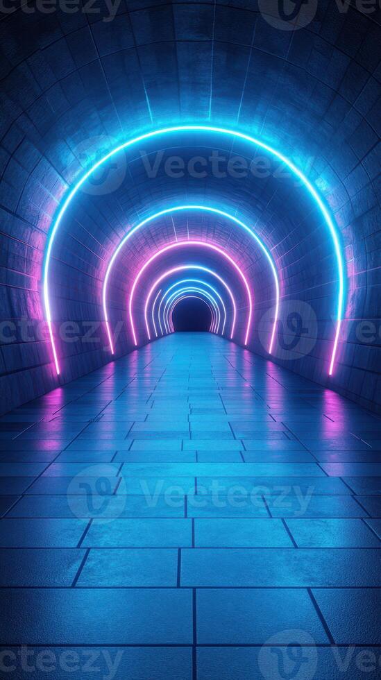 Neon lights illuminate a dark tunnel creating a vibrant and futuristic atmosphere in an urban space photo