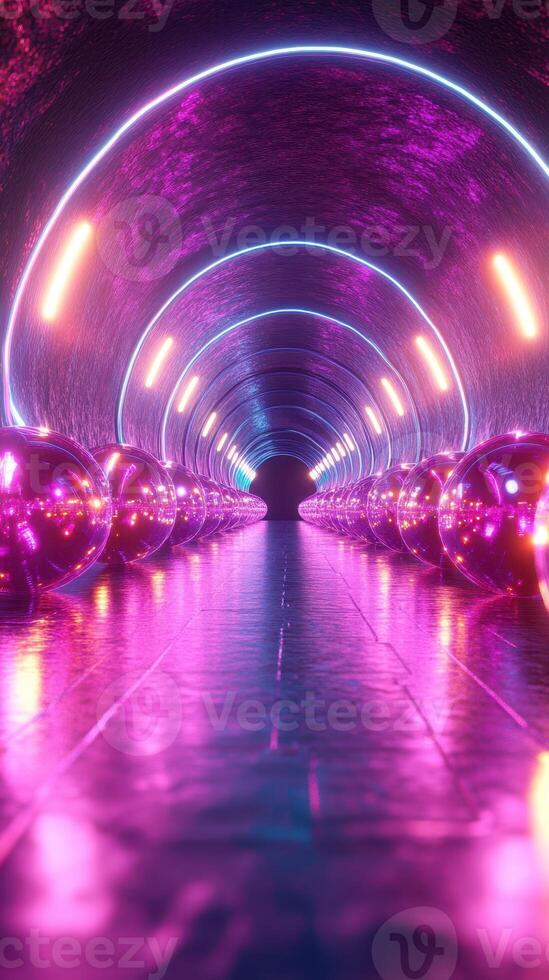 Vibrant neon tunnel with reflective spheres creating a futuristic atmosphere at night photo