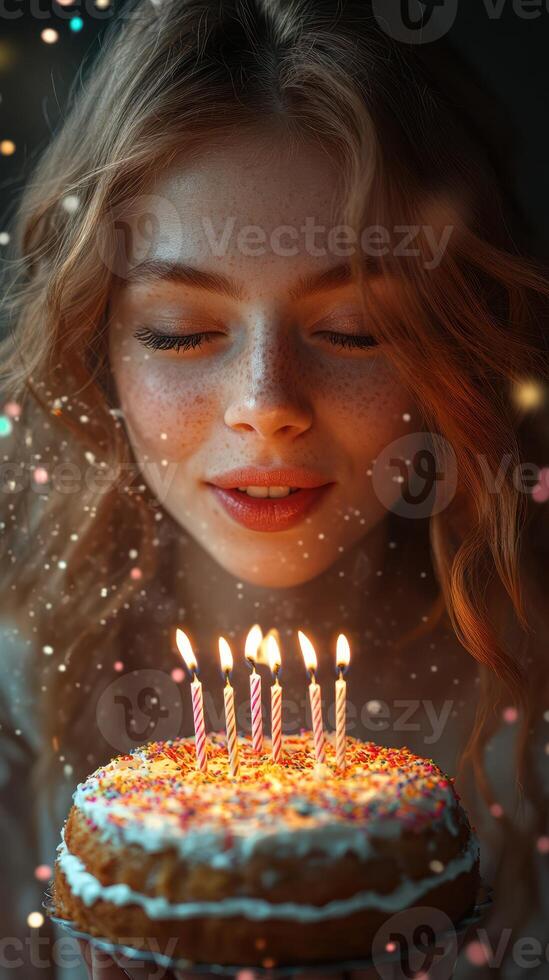 Young woman celebrates birthday with cake and candles, creating a joyful atmosphere photo