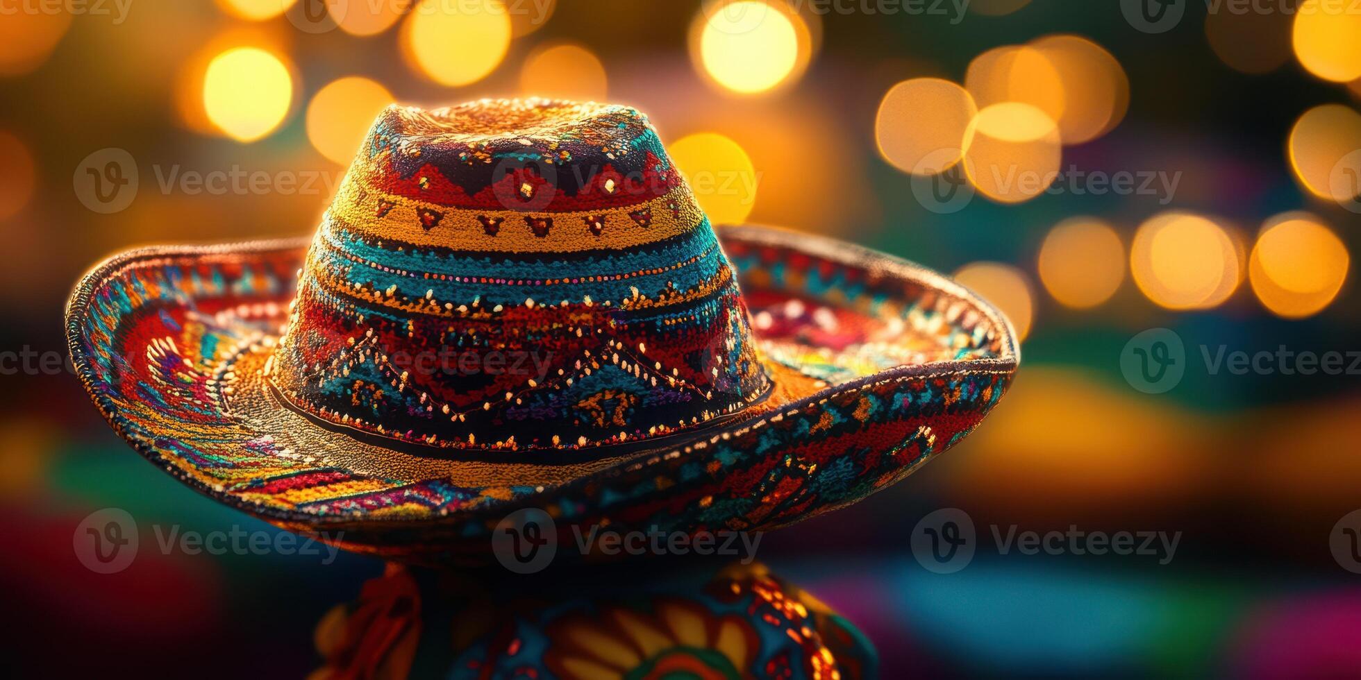 Colorful sombrero adorned with intricate patterns rests against a backdrop of warm bokeh lights during a festive gathering at night photo