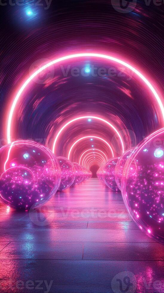 Bright neon tunnel with glowing spheres and vibrant light reflections in a futuristic setting photo