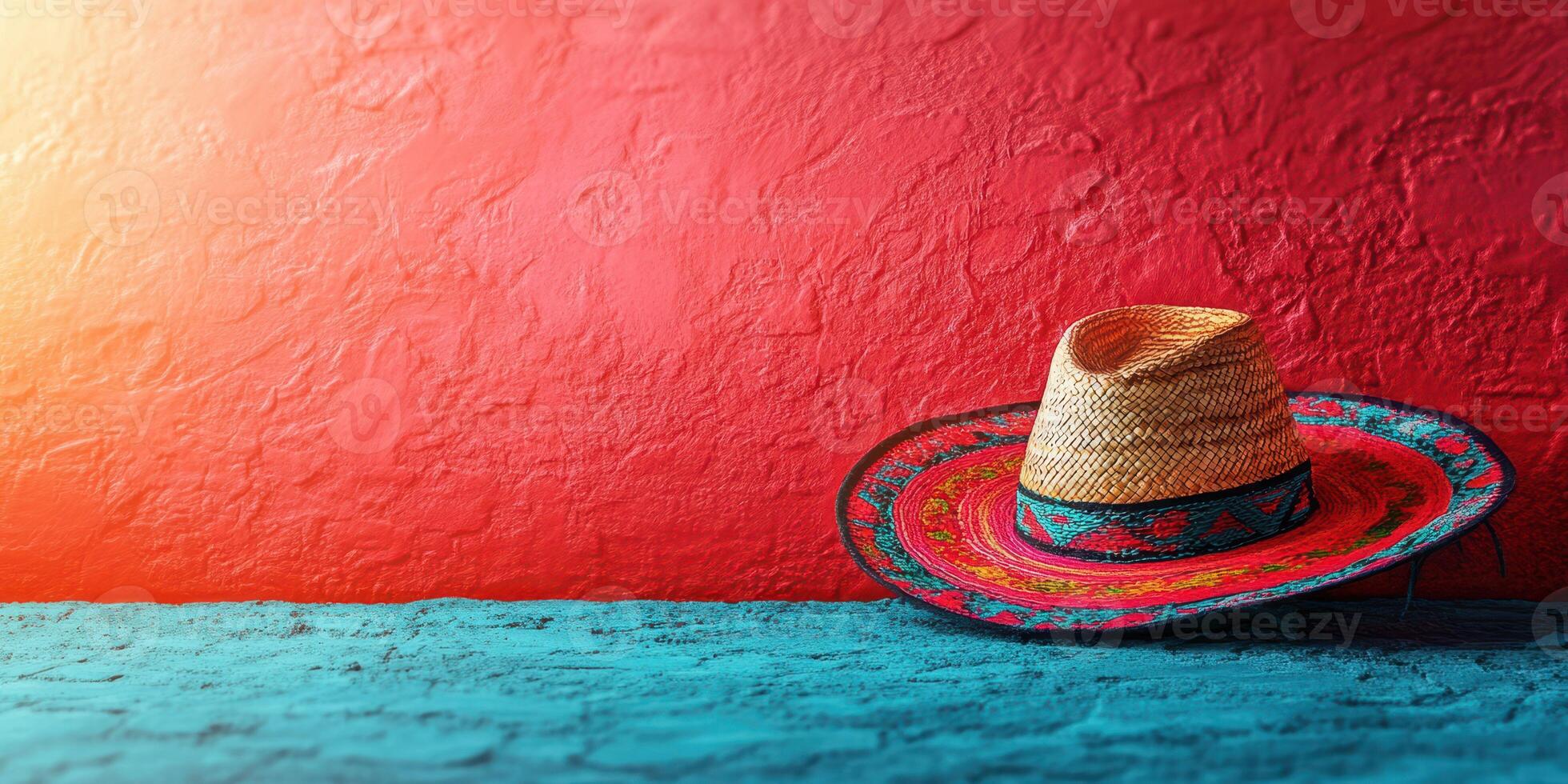 Colorful sombrero resting on blue surface against textured red wall in warm light photo