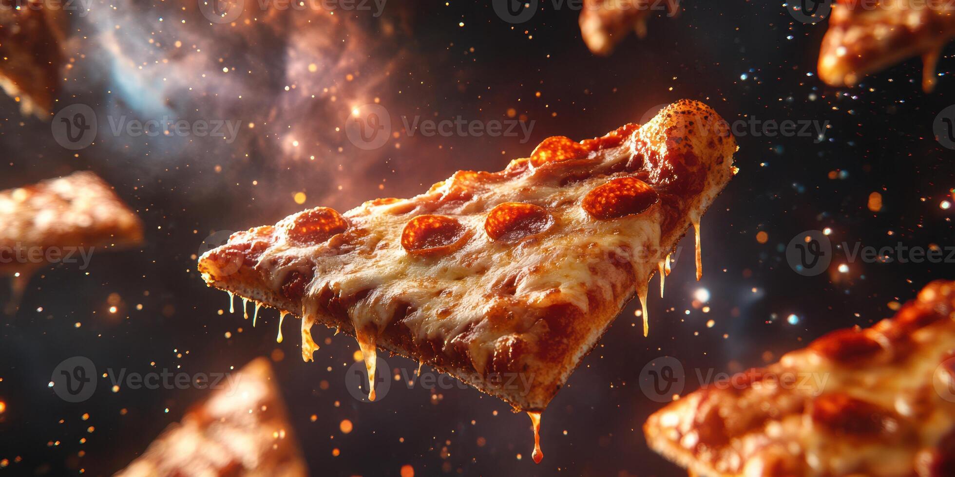 Pizza slice floating through space with melted cheese and pepperoni in vibrant cosmic background photo