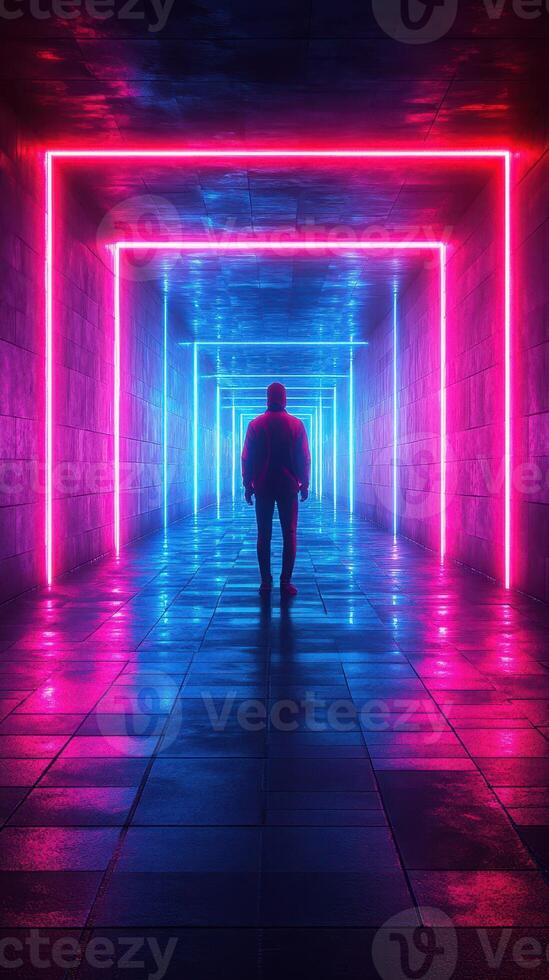 Mysterious figure walks through illuminated corridor with vibrant neon lights creating a surreal atmosphere photo
