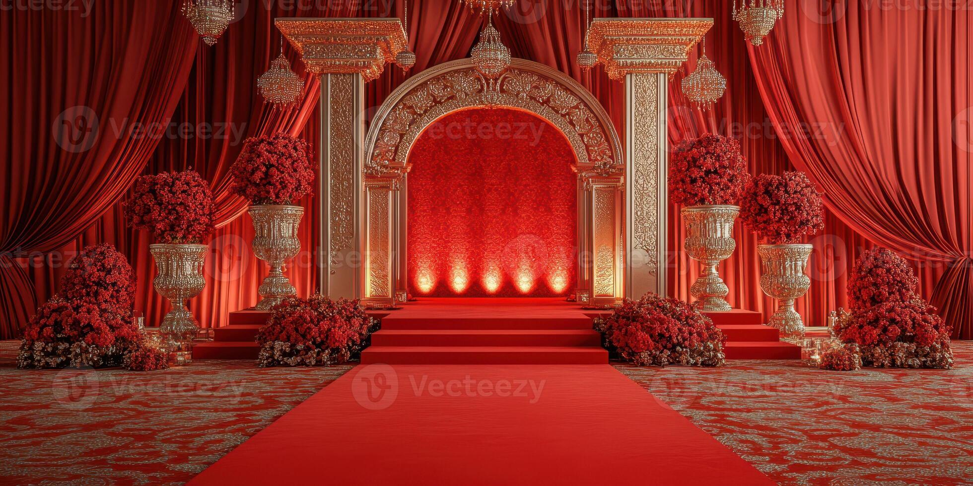 Stunning red floral stage setup adorned with elegant decorations for a grand event photo