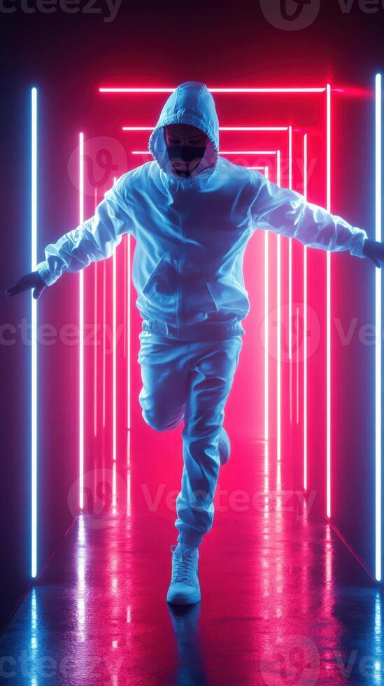 Dancer in glowing corridor performing an energetic routine at night in a futuristic setting photo