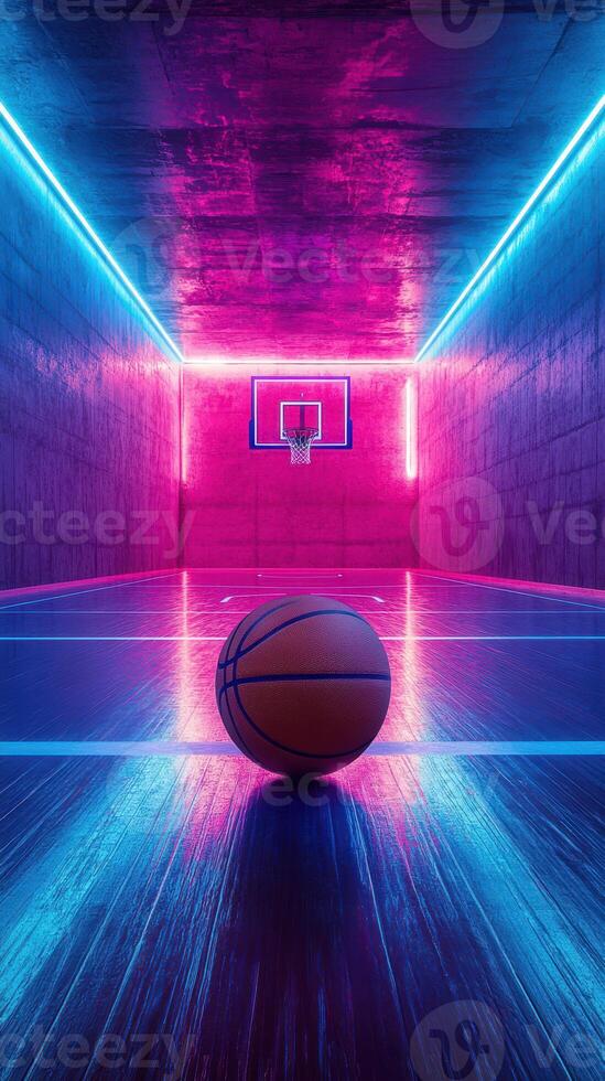 Vibrant indoor basketball court illuminated with neon lights showcasing a lone basketball on polished floor photo