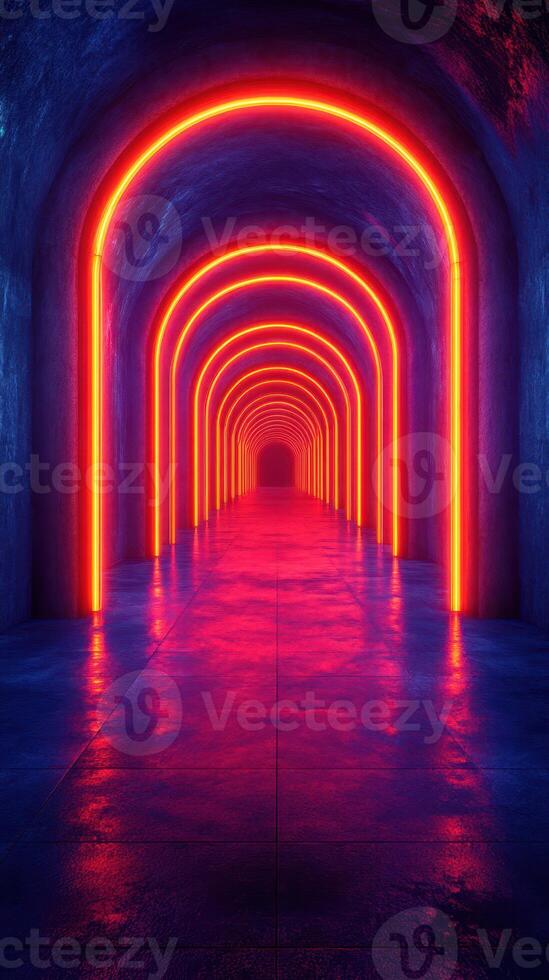 Vibrant neon-lit corridor with arches and reflective floor creating a futuristic atmosphere photo