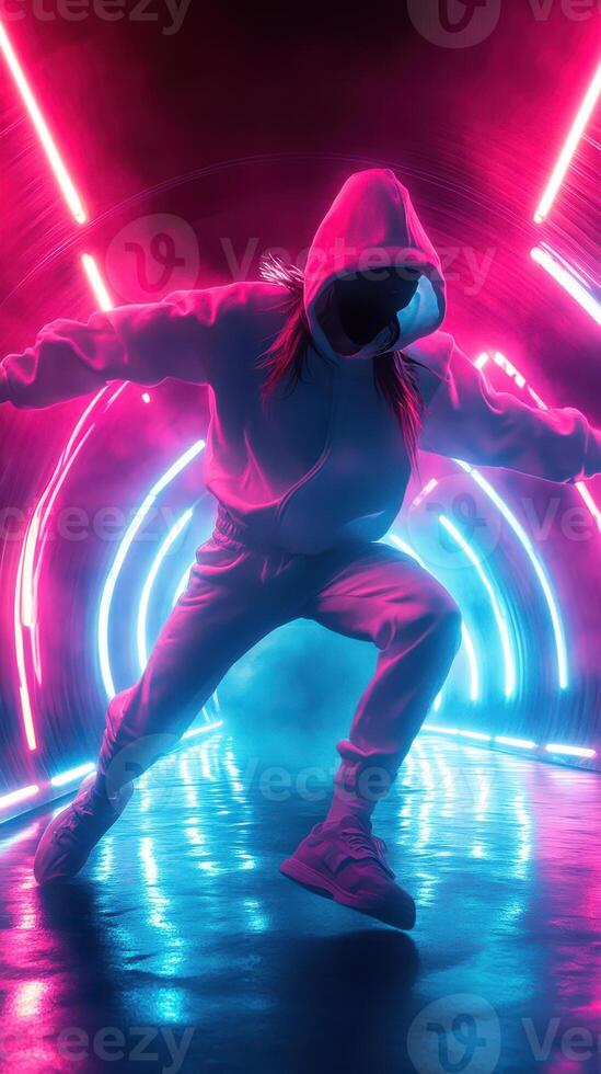 Dancer showcases impressive skills in neon-lit tunnel during nighttime performance photo