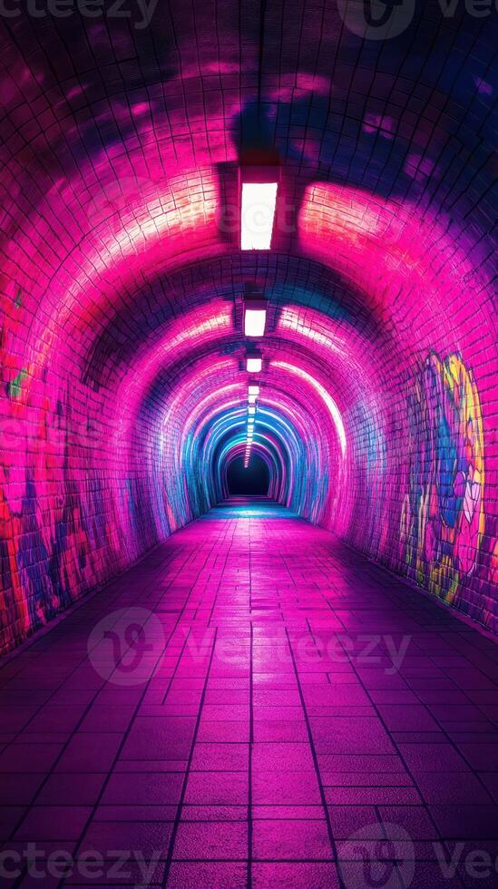 Vibrant tunnel with colorful graffiti art illuminated by neon lights at night photo