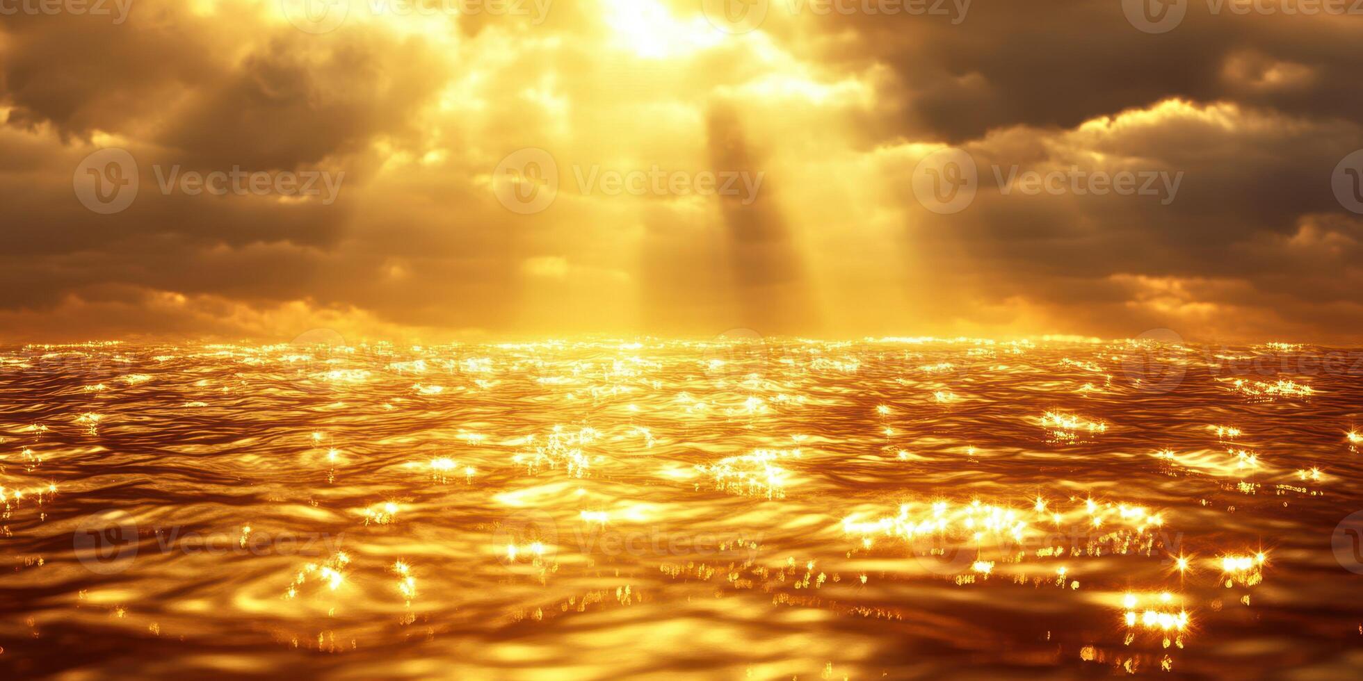 Majestic sunset over glimmering ocean waters reflecting golden light photo
